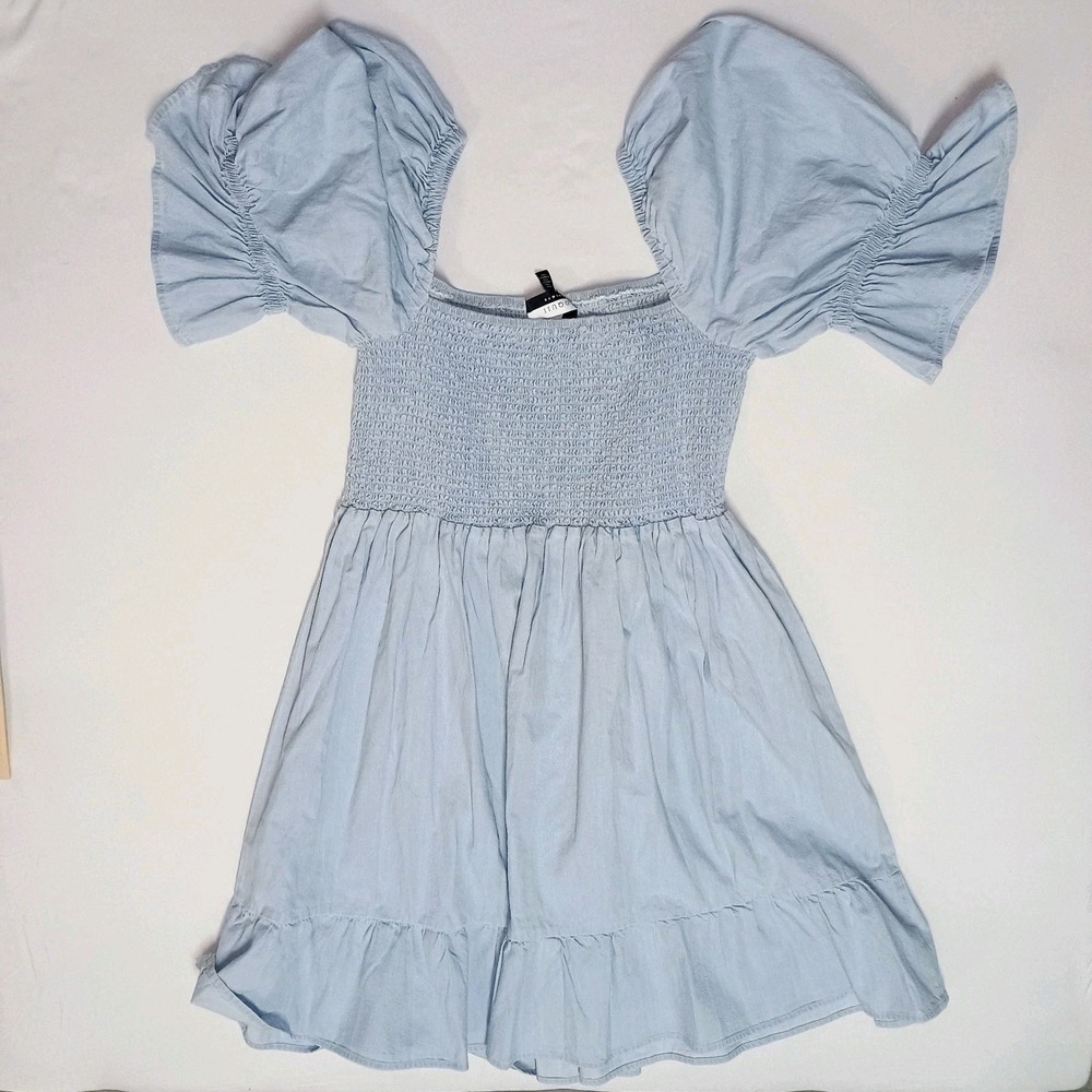 Eloquii Elements Dress Women's 24 Blue Chambray Smocked Bodice Balloon Knee Boho - Picture 6 of 6